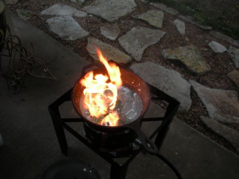 1996 Ford Bronco - Metal casting process underway with a pan heated by a propane burner.