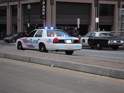 1991 Ford Crown Victoria - Two police cars are parked on the side of the road in front of a building.