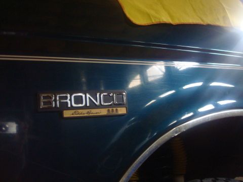 1995 Ford Bronco - Close-up of the Bronco Eddie Bauer emblem on the side of a 1995 Ford Bronco.
