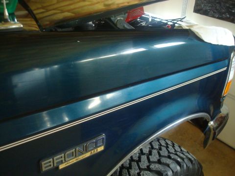 1995 Ford Bronco - Close-up of a 1995 Ford Bronco's side fender, showing the 'BRONCO 5.0' badge and part of a tire.