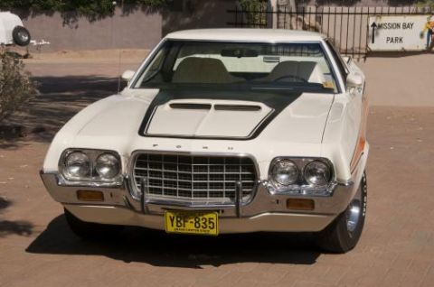 1972 Ford Ranchero - A white 1972 Ford Ranchero is parked in front of a Mission Bay Park sign.