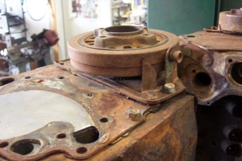1972 Ford Ranchero - Engine block and crankshaft pulley assembly, showing significant rust and wear.