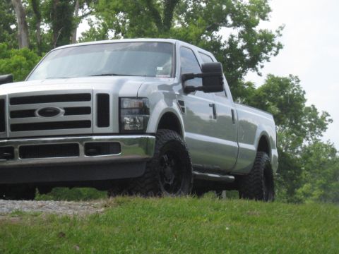 2008 Ford F-250 - A silver pickup truck is parked on a grassy incline with trees in the background.