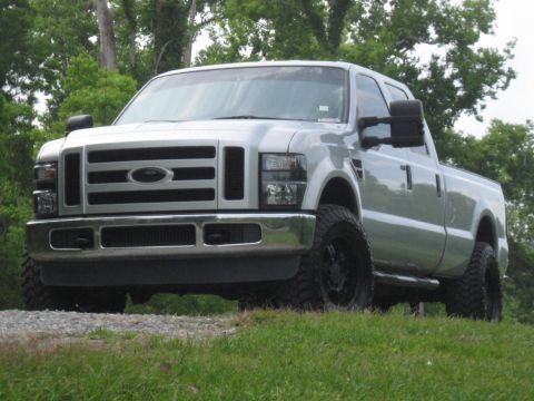 2008 Ford F-250 - A silver 2008 Ford F-250 pickup truck is parked on a grassy incline with trees in the background.