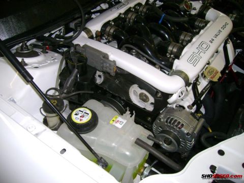 1993 Ford Taurus - Close-up view of a Ford SHO 24 valve DOHC engine, showing intake manifold and hoses.