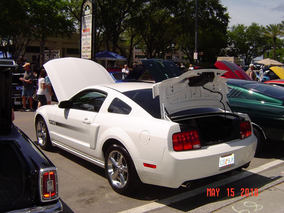 White Ford Mustang with trunk open, rear view. License plate A20 P8JM