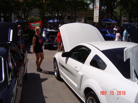 2005 Chevrolet Silverado 1500 - White Ford Mustang on display at an outdoor car show event.