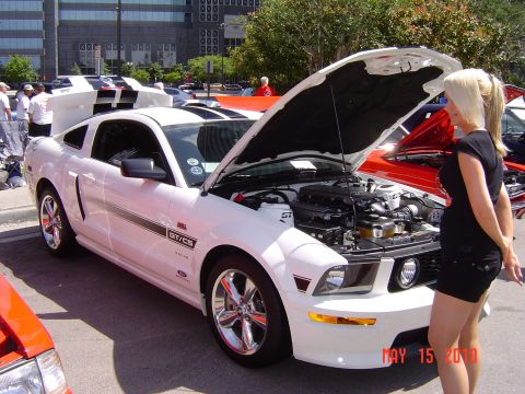 2005 Chevrolet Silverado 1500 - A white Ford Mustang GT/CS is displayed with its hood open at an outdoor car show.