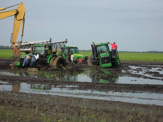 Several green tractors are stuck in a muddy field, with an excavator nearby. People are trying to free them