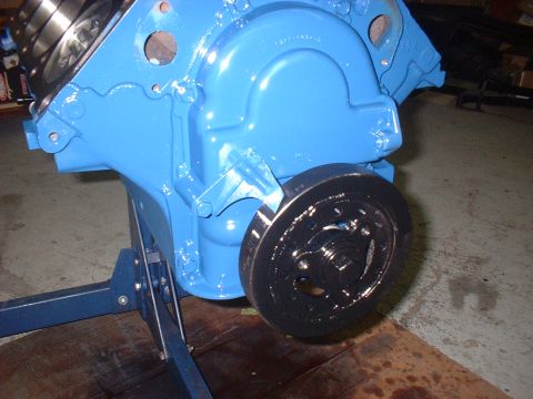 1969 Ford Torino - Close-up of a blue engine block assembly, likely undergoing restoration or rebuild.