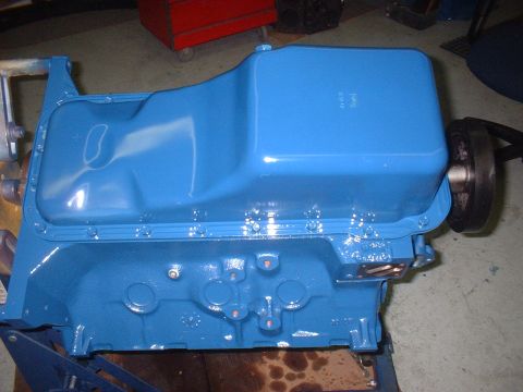 1969 Ford Torino - Engine block and oil pan assembly, painted blue.
