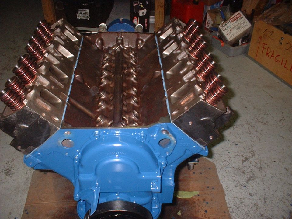 Blue engine block with copper valve springs