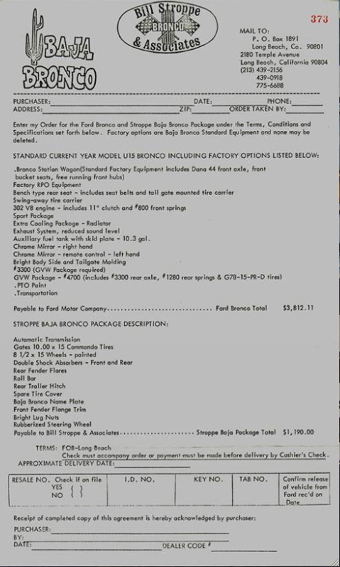 1968 Ford Mustang - Bill Stroppe & Associates Baja Bronco dealer order form detailing the U15 Bronco package, factory options, and prices.