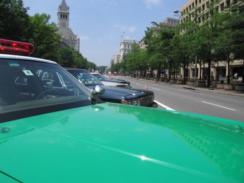 1991 Ford Crown Victoria - A 1991 Ford Crown Victoria police car is parked behind a green police car on a city street with buildings and trees lining the road.