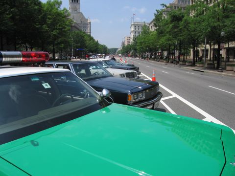 1991 Ford Crown Victoria - Several police vehicles are parked in a line along a city street on a sunny day.