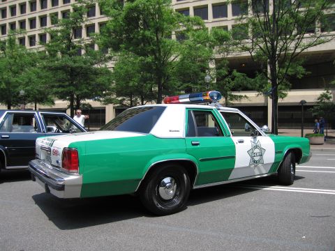 1991 Ford Crown Victoria - Side view of a 1991 Ford Crown Victoria police car, showing its distinctive green and white paint scheme and emergency lights.
