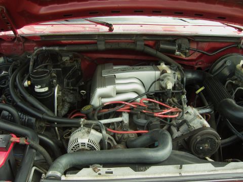 2007 Ford Mustang - Close-up view of a vehicle's engine bay, showing the V8 engine components and wiring.