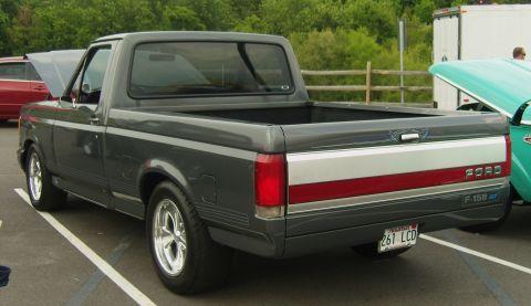 2007 Ford Mustang - This Ford F-150 pickup truck features a distinctive two-tone stripe on its tailgate and is parked at an outdoor event.