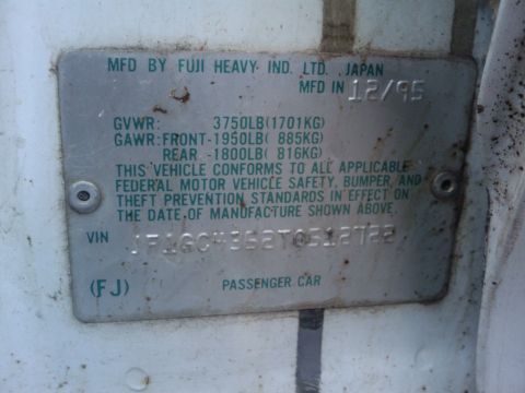 1998 Subaru Legacy - VIN plate shows the vehicle was manufactured in December 1995.