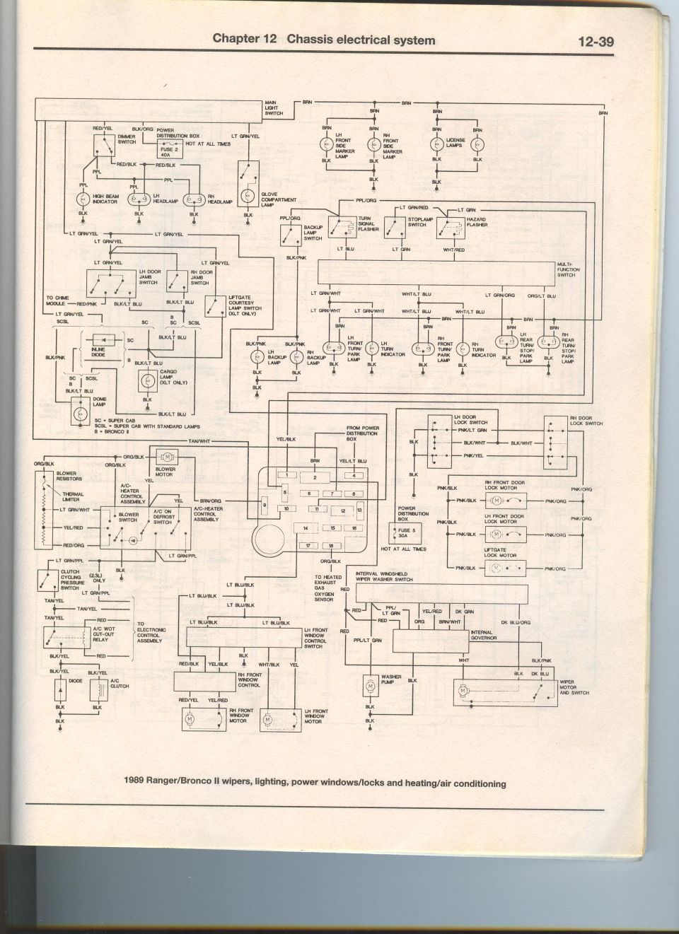 1989 Ford Ranger/Bronco II chassis electrical wiring diagram (wipers, lighting, locks, A/C)