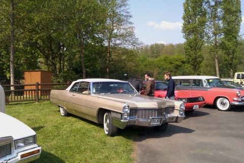 1991 Ford LTD Crown Victoria - A tan 1967 Cadillac convertible with a white top is parked on a grassy area next to other classic cars.