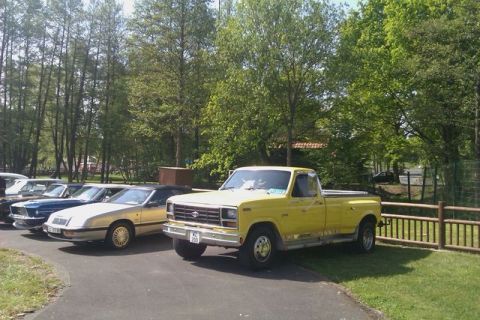 1991 Ford LTD Crown Victoria - A yellow pickup truck is parked next to other vehicles under trees.