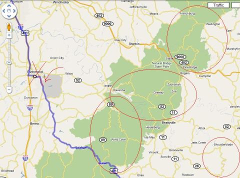 1985 Ford LTD Crown Victoria - This map displays a route and highlights various locations, including Natural Bridge State Park and Wind Cave.