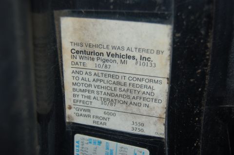 1988 Ford Bronco - Vehicle compliance sticker from Centurion Vehicles, Inc. dated 10/87.