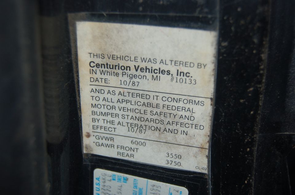 Centurion Vehicles, Inc. alteration compliance sticker dated 10/87 with GVWR and GAWR ratings
