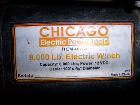 1991 Ford Bronco - Label details an 8,000 Lb. electric winch with 12 VDC power and 100' x 3/8" cable.