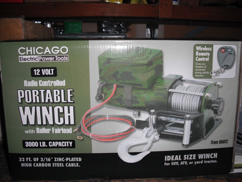 Box for a Chicago Electric Power Tools 12 volt radio controlled portable winch with roller fairlead and 3000 lb capacity