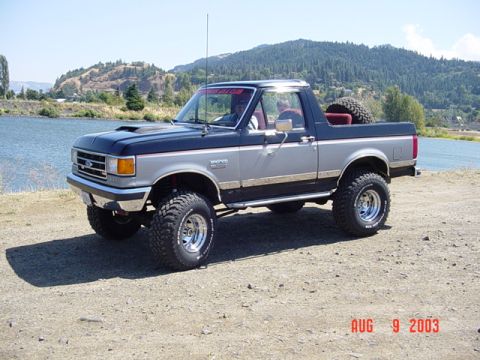 1989 Ford Bronco - A lifted Ford Bronco with a two-tone paint scheme sits parked by a body of water on a sunny day.
