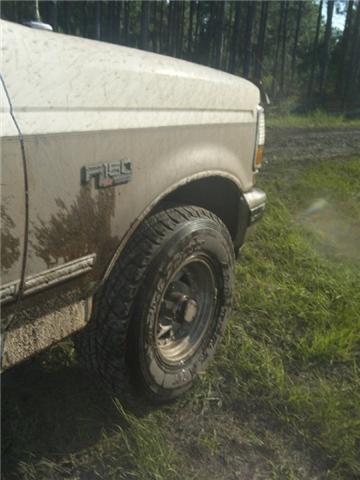 1994 Ford Bronco - A muddy Ford F-150 truck is shown on a dirt road surrounded by trees.