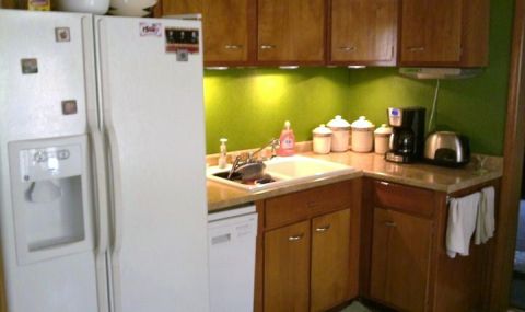 2006 Ford E350 - A typical kitchen scene a refrigerator, sink, and countertop appliances.