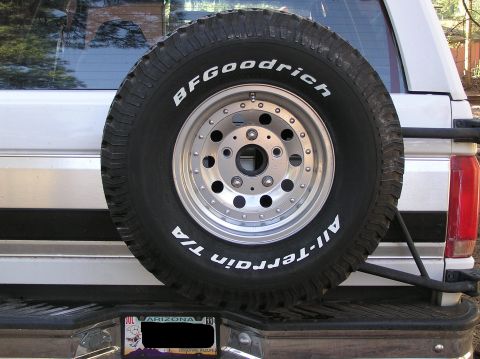 1993 Ford Bronco - Rear view of a 1993 Ford Bronco showing the spare tire mounted externally.