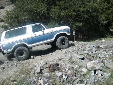 1982 Ford Bronco - This two-tone Bronco navigates a challenging off-road path, kicking up dust as it climbs.