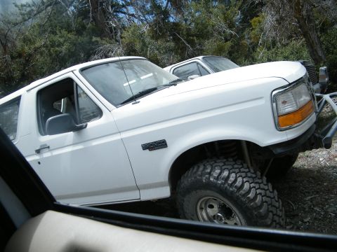 1982 Ford Bronco - White Ford Bronco parked off-road, with another vehicle visible behind it.