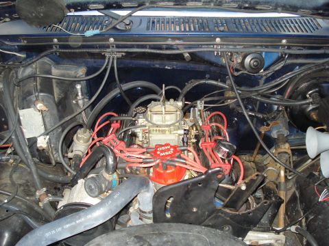 1967 Ford F-250 - Close-up view of an engine bay, highlighting the carburetor and red MSD ignition wires.
