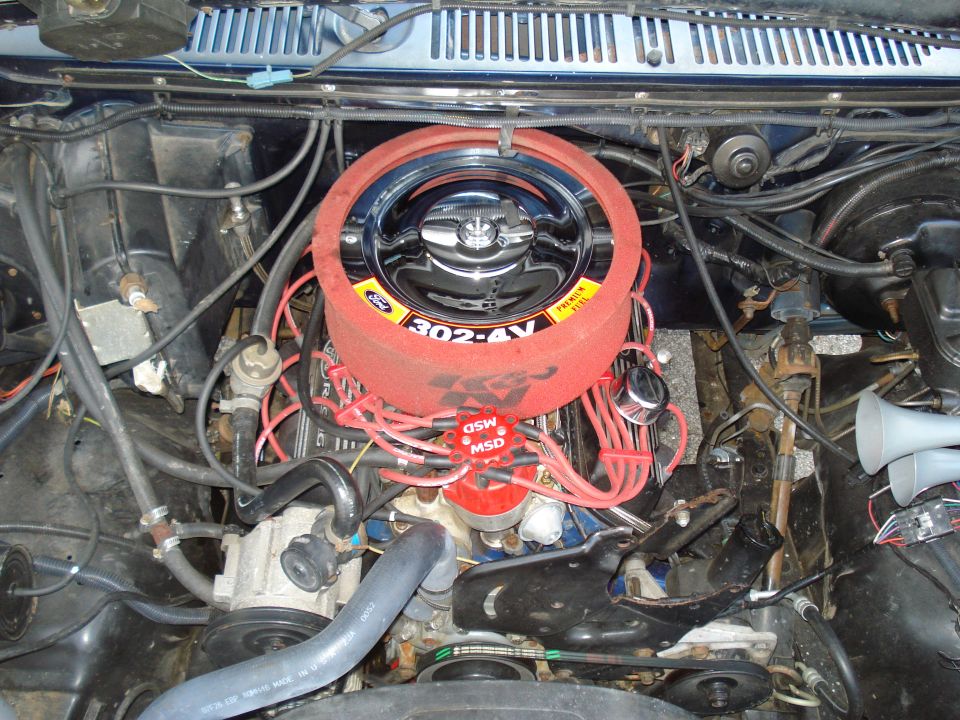 Engine bay showing a Ford 302-4V V8 engine with K&N air filter and MSD ignition