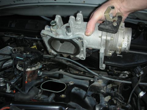 2004 Ford Crown Victoria - A Ford throttle body is held for installation into an engine bay, likely for an ADTR ported plenum and Aviator TB upgrade.