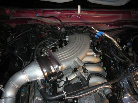 1992 Ford Crown Victoria - Custom intake system installed in an engine bay, with visible hoses and wiring.