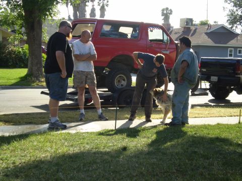 1969 Ford F-250 - A red SUV with a lifted suspension is being moved on a trailer, with several people and a dog nearby.