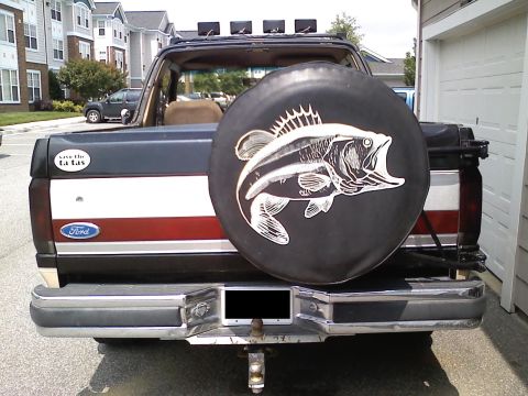 1990 Ford Bronco - Rear view of a Ford Bronco with a spare tire cover, a "Save the ta tas" sticker, and a red and white stripe on the tailgate.