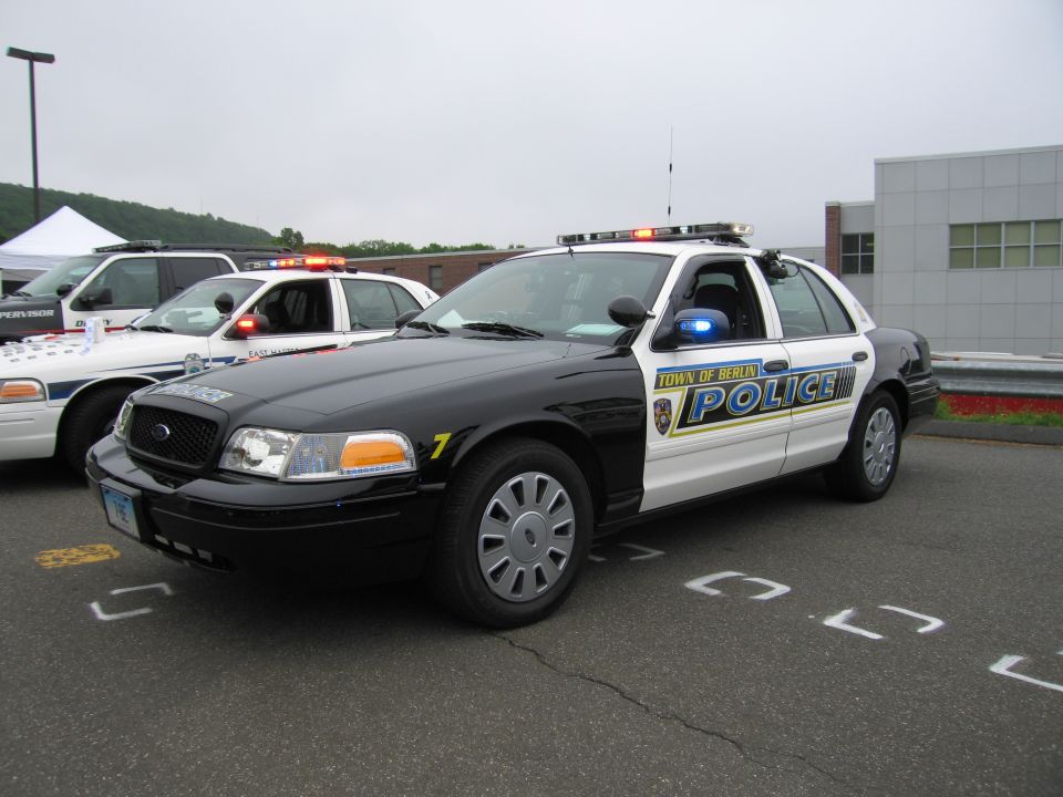 Town of Berlin Police black-and-white Crown Victoria cruiser front quarter