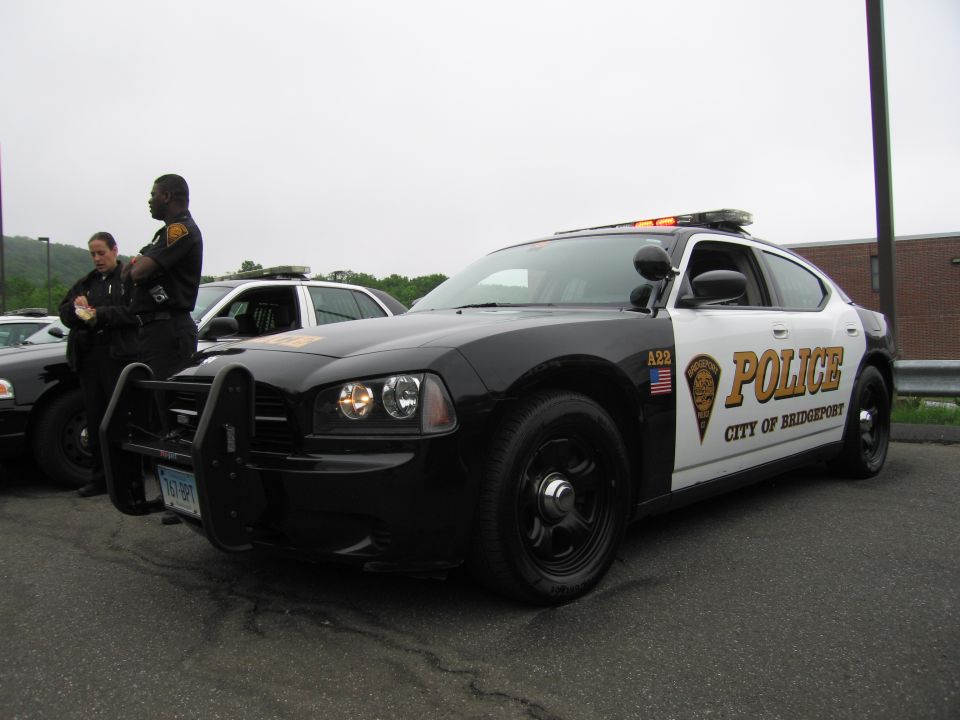 Black and white Dodge Charger City of Bridgeport Police cruiser, front view