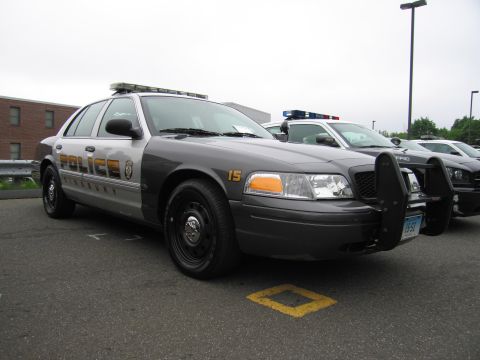 1991 Ford LTD Crown Victoria - two-tone gray Ford Crown Victoria lettered 'Police Simsbury 15' with push bar, parked at an outdoor police show.