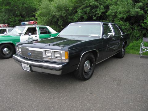 1991 Ford LTD Crown Victoria - black Ford full-size sedan with a roof light bar parked next to a green-and-white vintage patrol car on grass.