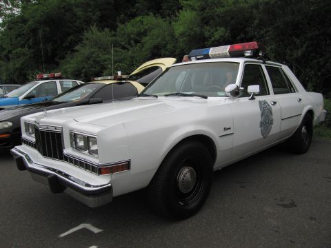 1991 Ford LTD Crown Victoria - white 1980s Dodge Diplomat police sedan with a gray badge door decal and roof light bar, among other cruisers.