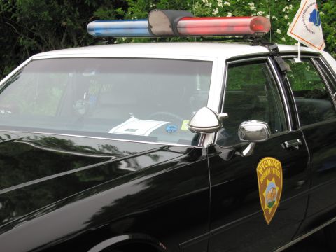 1991 Ford LTD Crown Victoria - Close-up of a black police cruiser showing a red-and-blue roof light bar, side mirror, and a yellow door shield decal.
