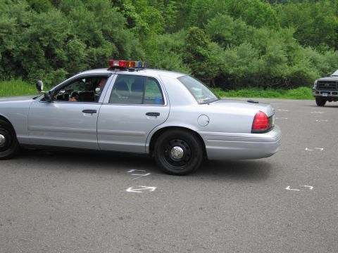 1991 Ford LTD Crown Victoria - Side profile of a silver Ford Crown Victoria police cruiser with a roof light bar parked on pavement beside green brush, chalk marks on the…